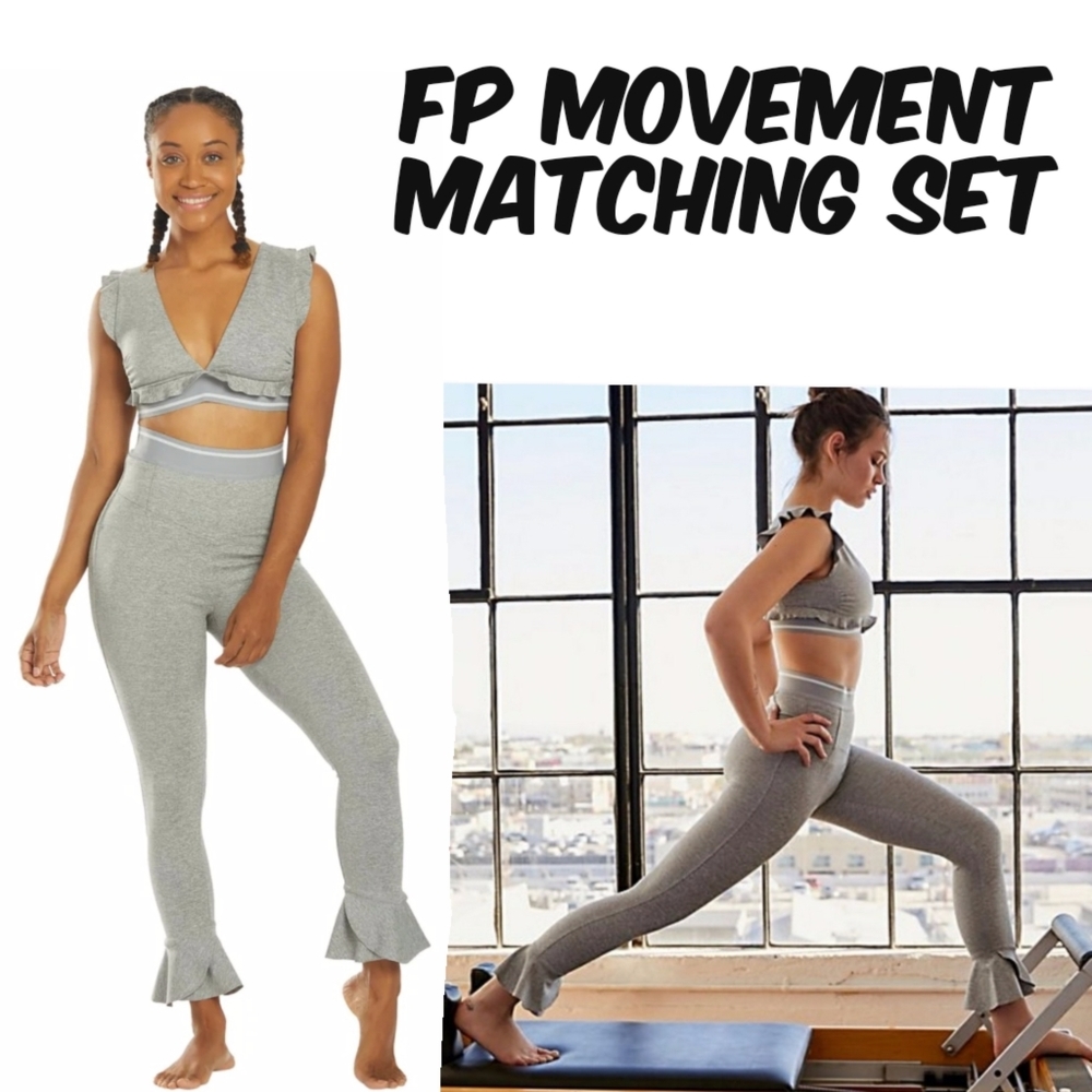 FP Movement Sanctuary Grey Ruffle Matching Active Sports Bra S  Crop Leggings XS